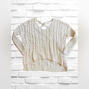 Sketchbook Women’s Medium Cropped V-Neck Cable Knit Sweater • Hi-Lo Criss Cross